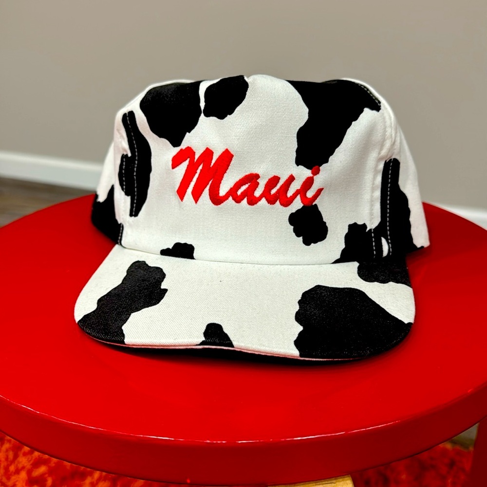 Maui Black & White Cowprint Cap with Red Script